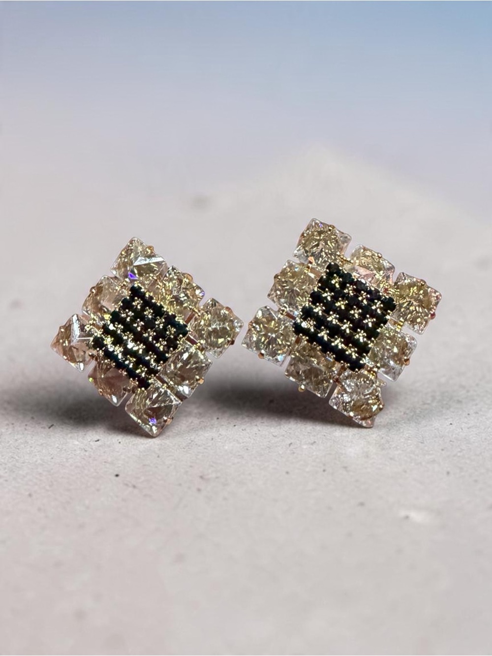 14k Gold Plated Sparkling Black and Clear CZ Square Stud Earrings